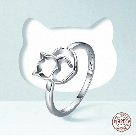 NWT Dainty Cat Ring SZ.8 S925 Sterling Silver Whimsical Cat Lover Gift Delicate - Picture 1 of 7